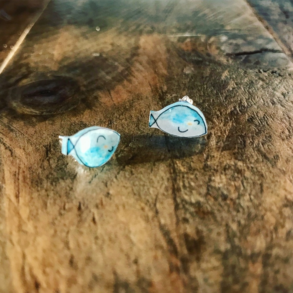 Minimalist Blue Fish studs  silver earrings